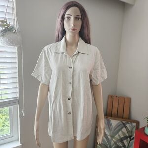 Rhythm by Earth Works oatmeal Beige linen blend button down shirt short sleeves